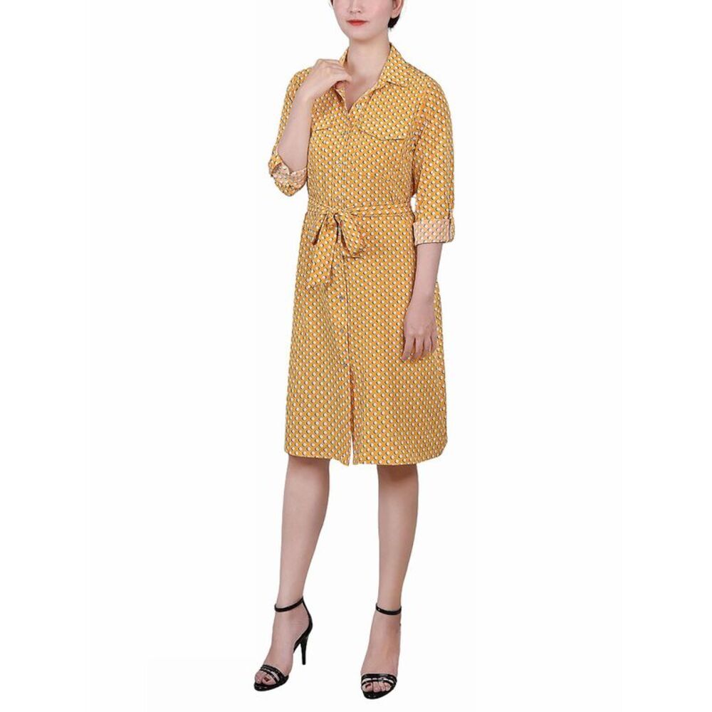 NY Collection Petite Printed Long Sleeve Roll Tab Shirtdress